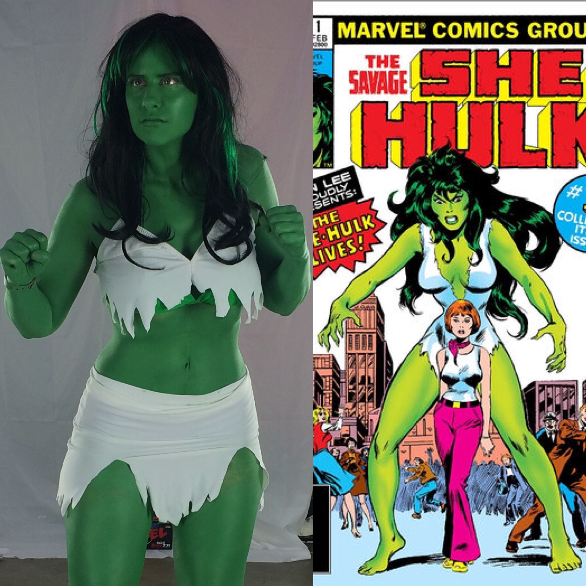 Dana cosplaying as She-Hulk, compared with a comicbook cover